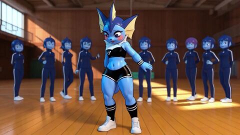 1boy ai_generated androgynous animated animation blue_skin blush curvy_body curvy_figure curvy_hips curvy_thighs dolphin_shorts femboy girly girly_boy gym_uniform half-dressed half_naked half_nude hourglass_figure hourglass_figured_male kneesocks leggy legs long_eyelashes pokemon pokemon_(species) pokephilia short_gym_shorts short_shorts short_top shy sissy sissyfication sneakers sportswear sweat sweat_bands tagme trap vaporeon video wristband