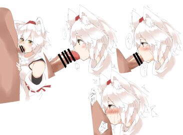 1boy animal_ear_fluff animal_ears bar_censor blush censored commentary_request crying crying_with_eyes_open deepthroat detached_sleeves fellatio female hair_between_eyes hat highres houkai_(collapse_illust) inubashiri_momiji male momiji_inubashiri multiple_views open_mouth oral penis red_hat ribbon-trimmed_sleeves ribbon_trim shirt short_hair simple_background sleeveless sleeveless_shirt solo_focus straight tears tokin_hat touhou upper_body white_background white_hair white_shirt white_sleeves wolf_ears wolf_girl yellow_eyes