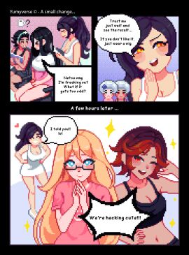3girls amber_eyes belly_button black_hair blonde_hair blue_eyes chibi cleavage comic dialogue dress english_text female glasses hair_dye heart heart_around_head kana_fujisawa kari_kozhevnikova light-skinned_female light_skin makeover netsu_kazegawa no_sex one_eye_closed pink_shirt pixel_art question_mark red_eyes red_hair speech_bubble stars tank_top tanned_female two-tone_hair white_dress yumykon yumyverse