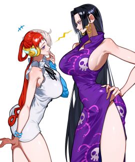 2girls angry angry_face axillary_tail_of_spence bare_arms bare_legs bare_shoulders bare_thighs big_breasts black-haired_female black_hair blush boa_hancock breasts clothed clothing color female female_focus female_only hi_res jewelry large_breasts light-skinned_female light_skin long_hair looking_angry looking_at_another looking_at_viewer multicolored_hair one_piece purple_eyes red-haired_female red_hair shounen_jump siokosho_kinoko solo_female tagme thick_thighs two-tone_hair uta_(one_piece) white-haired_female white_hair