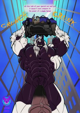 abs absurd_res anthro armpit_hair biceps big_muscles body_hair car city city_background crush crushed_vehicle destruction equid equine feat_of_strength genitals grey_hair hair hi_res holding_object horse huge_muscles looking_at_viewer macro male mammal muscles muscular muscular_male nipples pecs penis seinki smaller_pov solo strength vehicle vein veiny_muscles veiny_penis