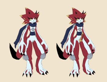 anthro b00b00keys bandai_namco betelgammamon claws cloacal_penis digimon digimon_(species) erection hi_res horn knot male male_focus male_only penis red_body sash scalie scarf smile solo yellow_eyes