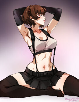 1girls 2023 armpits bare_shoulders black_elbow_gloves black_skirt braid breasts brown_hair child_bearing_hips color cosplay crop_top crown_braid elbow_gloves female final_fantasy final_fantasy_vii final_fantasy_vii_remake fit fit_female gloves hairless_armpits hands_behind_head hartman_hips hip_dips light-skinned_female light_skin looking_at_viewer makoto_niijima midriff minacream miniskirt navel no_shoes persona persona_5 persona_5_royal red_eyes short_hair sitting skirt slender_waist slim_waist solo solo_female sports_bra suspender_skirt suspenders tank_top thick_thighs thighhighs thin_waist tifa_lockhart tifa_lockhart_(cosplay) tiny_waist wide_hips