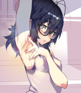 1girls armpit_fetish armpit_stubble armpit_sweat armpits black_hair breasts female female_only glasses messy_hair namaniku_atk nipples_visible_through_clothing presenting_armpit showing_armpits sleeveless small_breasts smelly_armpits solo spreading_armpit sweat sweat_stain sweatdrop sweaty_armpit sweaty_armpits sweaty_clothes