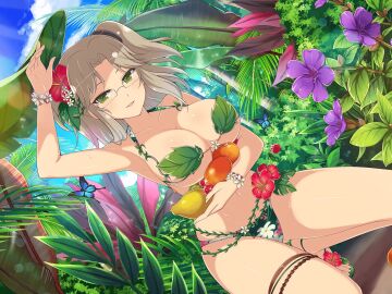 breasts brown-haired_female brown_hair clothing_cutout female flower flower_in_hair flower_on_head flower_ornament glasses green_bikini green_eyes green_swimsuit green_swimwear hair_ornament head_flower head_ornament imu_(senran_kagura) jungle leaf_bikini leaf_bra leaf_clothing leaf_on_breast light_brown_hair nature parted_bangs pectoral_cleavage pectorals red_flower senran_kagura senran_kagura_(series) short_twintails swimsuit swimwear tropical twintails yaegashi_nan