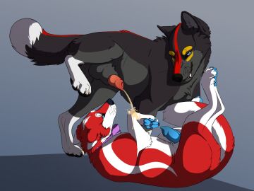 4:3 balls black_body black_fur black_tail blue_claws blue_eyes blue_pawpads blue_penis bodily_fluids canid cheek_tuft chest_tuft claws duo facial_tuft fangs feral feral_on_feral fur genital_fluids genitals glistening glistening_eyes grey_balls grey_body grey_fur lying male male/male mammal markings on_back pawpads peeing peeing_on_another peeing_on_leg penis penis_tip red_body red_fur red_markings red_penis red_tail simple_background smile tail teeth tuft unbreakable-warrior urine urine_on_leg urine_stream watersports white_body white_claws white_fur white_tail yellow_markings