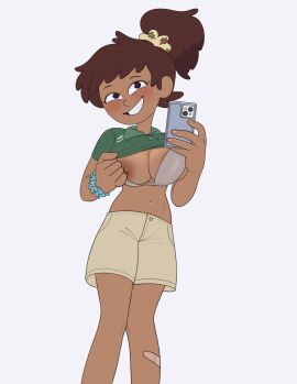 10centsworth 1girls 2d aged_up amphibia amphibia_(finale) anne_boonchuy asian_female breasts brown_hair dark-skinned_female dark_skin disney disney_channel female nipples phone ponytail short_hair thai white_background
