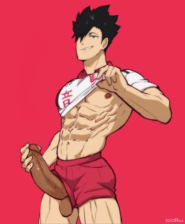 abs bara big_penis black_hair erect_penis erection haikyuu!! holding_penis idoraad kuroo_tetsurou lilprincyvi male male_focus male_only muscular muscular_male muscular_thighs pecs pectorals penis proud_of_his_cock shirt_lift shirt_up smile solo solo_focus solo_male thighs volleyball_shorts volleyball_uniform yaoi