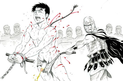 6+boys ancient_rome armor bara bondage censored exhibitionism gay gay_male gengoroh_tagame humiliation male male_focus male_only original original_character peeing pubic_hair public_humiliation public_nudity roman_clothing roman_empire slave submissive trained urine yaoi