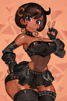 1girls dark-skinned_female dark_skin emma_(pokemon) emma_(pokemon_legends:_z-a) female female_focus female_only looking_at_viewer matiere_(pokemon) matiere_(pokemon_legends:_z-a) nintendo peace_sign pokemon pokemon_legends:_z-a saiykik skirt solo thick_thighs thighhighs thighs tight_clothing tomboyish wide_hips