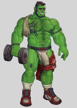 1boy balls bara beard big_bulge blueglueclue body_hair bulge erection_under_clothes facial_hair gay green-skinned_male green_body green_skin hairy hairy_arms hairy_chest hairy_male huge_bulge jockstrap leg_hair looking_at_viewer male male_focus male_nipples male_only male_pubic_hair masculine_male muscular muscular_chest muscular_male nipples orc orc_male penis penis_outline precum precum_drip precum_through_underwear pubic_hair solo solo_male teeth teeth_visible tusks underwear yaoi