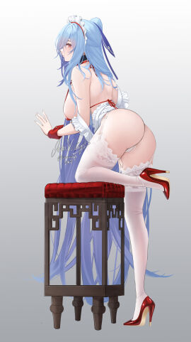 1girls absurdly_long_hair absurdres alternate_costume ass back blue_hair blue_ribbon breasts closed_mouth enmaided female from_behind full_body gradient_background grey_background hair_ribbon hand_up high_heels highres honkai:_star_rail honkai_(series) jingliu_(honkai:_star_rail) lace lace-trimmed_thighhighs lace_trim large_breasts leg_up long_hair looking_at_viewer maid maid_headdress panties profile red_eyes red_shoes red_wrist_cuffs ribbon sanvicept shoes shoulder_blades signature solo thighhighs thighs underwear very_long_hair white_panties white_thighhighs wrist_cuffs