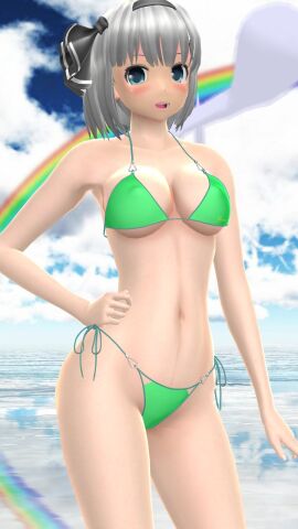 1girls 2023 3d armpit beach belly_button bikini black_ribbon blue_eyes breasts cleavage clouds female ghost green_bikini hand_on_hip hati_yukkuri_mmd headband hips human light-skinned_female light_skin looking_at_viewer mmd open_mouth outdoors rainbow sky solo_female solo_focus swimsuit touhou waist water wisp youmu_konpaku