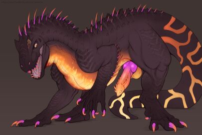 balls bright_colors brown_background brown_body claws dinosaur dromaeosaurid essenza extinct feral genitals hi_res indominus_rex jurassic_park_(franchise) jurassic_world knotted_tapering_penis male markings open_mouth orange_eyes penile_spines penis prehistoric_species reptile scales scalie simple_background solo spikes spikes_(anatomy) spread_legs spreading standing tail_on_ground teeth theropod universal_studios