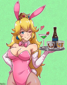 1girls akairiot alcohol blonde_hair blue_eyes bowtie breasts bunny_ears bunny_tail cleavage cocktail detached_collar earrings elbow_gloves fake_animal_ears fake_tail female fishnet_pantyhose fishnets gloves hand_on_hip holding_tray large_breasts leotard long_hair looking_at_viewer mario_(series) nintendo pantyhose pink_leotard playboy_bunny princess_peach tray