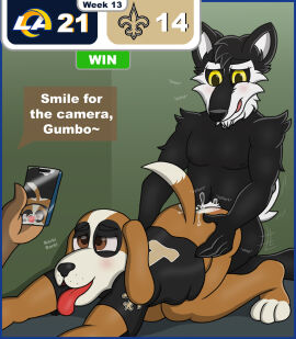 2025 3_toes 5_fingers all_fours anthro ass barefoot black_body black_fur black_nose black_sclera blush bodily_fluids bottomless bottomless_anthro bottomless_male brown_body brown_eyes brown_fur canid canine canis clothed clothed_anthro clothed_male clothing comic cum cum_in_ass cum_inside cum_on_ass cum_on_butt darkened_nipples dialogue doggy_style domestic_dog electronics english_text feet fingers from_behind_position fur genital_fluids group gumbo_(new_orleans_saints) husky jersey jersey_only logo los_angeles_rams male male/male mammal mascot molosser mountain_dog new_orleans_saints nfl nipples nordic_sled_dog nude nude_anthro nude_male offscreen_character offscreen_male pecs phone pink_tongue pubes rampage_(los_angeles_rams) recording red_tongue saint_bernard sex spitz text thehuskyk9 thehuskyk9_(artist) toes tongue tongue_out trio white_body white_fur yellow_eyes