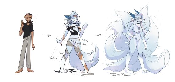 blue_fur female fox fox_girl fox_tails furry human_to_anthro mtf_transformation terrible_existence_(artist) transformation