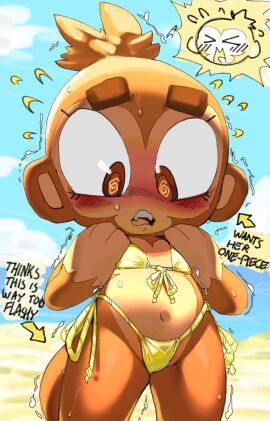 1girls anthro beach bikini bloons_tower_defense blush dart_monkey embarrassed female female_only goatboydraws haplorhine monkey monkey_girl navel primate shaking solo sun swimsuit teeth text