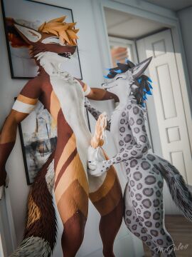 3:4 3d animal_genitalia animal_penis anthro ass balls balls_fondling big_ass big_balls big_butt big_penis blender_(artwork) blender_cycles bodily_fluids canid canine canine_genitalia canine_penis cum cum_drip cum_on_penis cuntboy cuntboy/male digital_media_(artwork) dripping duo ejaculation erection felid fondling fur genital_fluids genitals grey_body grey_fur hair hi_res intersex intersex/male knot knotted_penis leopard male male/male mammal mrgaleo nude pantherine penis power_bottom rexouium saggy_balls sex smile snow_leopard tail