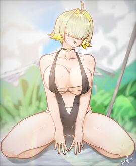 big_breasts breasts daytime elegg_(nikke) female goddess_of_victory:_nikke swimsuit yellow_hair