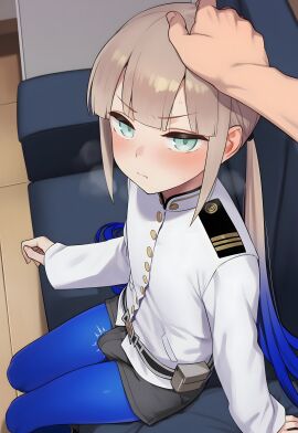 2boys belt belt_pouch black_shorts blonde_hair blue_hair blue_pantyhose blunt_bangs blush bulge closed_mouth clothing couch erection erection_under_clothes fate/grand_order fate_(series) female gradient_hair green_eyes hand_on_another's_head headpat indoors jacket light_brown_hair long_hair long_sleeves looking_at_viewer low_twintails male male_focus military military_uniform multicolored_hair multiple_boys naval_uniform nemo_(fate) on_couch otoko_no_ko pantyhose pantyhose_under_shorts pouch pov_hands shaddai short_shorts shorts sidelocks sitting solo_focus sweat thighs twintails two-tone_hair uniform v-shaped_eyebrows white_jacket yaoi