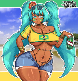 2d athletic athletic_female bare_midriff beach big_breasts bikini blue_eyes bracelet brazil brazilian brazilian_female brazilian_miku breasts busty can crop_top daisy_dukes earrings erect_nipples female female_focus female_only flower_in_hair hatsune_miku hourglass_figure large_breasts long_hair navel nipple_bulge nipples outdoors outside phic_zora sunglasses_on_head t-shirt tagme tan tan_body tan_skin tattoo thong thong_bikini turquoise_hair twintails underwear vocaloid waist_chain wide_hips