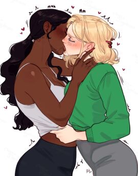 2girls blush dark-skinned_female dark_skin digital_media_(artwork) female female_focus female_only french_kiss fully_clothed grabbing grabbing_head grabbing_neck grabbing_shirt imminent_sex interracial kissing light-skinned_female light_skin making_out meme nice_wig_by_the_way onyx_daydream shirt_grab shirt_tug sloppy_kiss tugging_clothing yuri