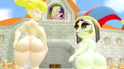2girls 3d 3d_(artwork) ass ass_focus big_ass big_breasts big_butt breasts catmario157 completely_nude crossover duo eastern_and_western_character female female_only glitch_productions mario_(series) multiple_females multiple_girls naked naked_female nintendo nude nude_female pomni_(the_amazing_digital_circus) princess_peach sfm source_filmmaker tagme the_amazing_digital_circus