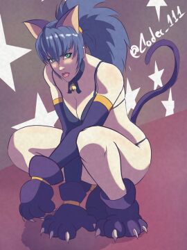 1girls bell big_breasts bikini bikini_bottom bikini_top blue_hair bra breasts busty cat_ears cat_girl cat_tail catgirl clothed costume ear feline female gloves green_eyes human king_of_fighters leona_heidern light-skinned_female light_skin long_gloves long_hair looking_at_viewer necklace pale-skinned_female pale_skin ponytail squat squatting stars tail thick_thighs thighs tied_hair voluptuous wide_hips