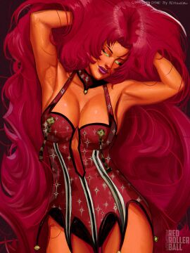 1girls arms_up artist_name dc dc_comics fluffy_hair green_eyes hair_fetish hands_in_hair large_breasts red_hair redrollerball starfire starfire_(teen_titans) teen_titans very_long_hair