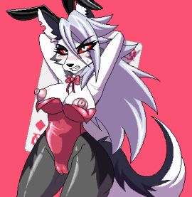 1girls angry anthro areola big_breasts blush bodily_fluids breasts bunny_costume canid canid_demon canine cassfu_(artist) clothed clothing costume demon digital_media_(artwork) fake_ears fake_rabbit_ears female fur furry hair hellhound helluva_boss legwear looking_at_viewer loona_(helluva_boss) mammal mythological_canine mythological_creature mythology nipple_slip nipples pixel_(artwork) red_sclera simple_background solo tail thick_thighs topwear wardrobe_malfunction white_body white_fur wolf wolf_ears wolf_girl wolf_tail