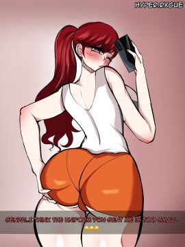 artist_name ass big_ass big_breasts blush booty_shorts breasts bubble_butt cameltoe english_text female fit_female hand_on_own_ass hips hooters hooters_uniform hyperrxgue kasumi_yoshizawa looking_back megami_tensei mirror_selfie pantylines persona persona_5 persona_5_royal phone red_hair selfie solo solo_female solo_focus squeezing_ass sumire_yoshizawa text thick thick_thighs tight_clothing too_small_clothes