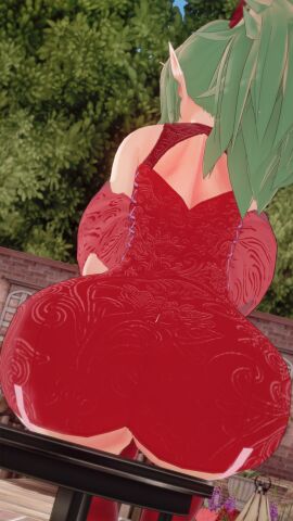 1girls 3d arisat ass ass_focus back back_view backboob backless_outfit bare_back bare_shoulders boots breasts chair curvy dress female female_only fire_emblem fire_emblem_awakening from_behind gigantic_breasts green_hair high_ponytail hourglass_figure huge_ass lamp lantern long_ears long_hair nintendo on_chair outdoors pelvic_curtain pointy_ears ponytail red_dress red_hairband shoulders sitting solo thick_thighs thigh_boots tiki_(fire_emblem) tiki_(fire_emblem)_(adult) tree voluptuous wide_hips