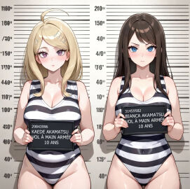 2girls ai_generated akamatsu_kaede leotard prison prison_uniform self_insert translation_request yuri