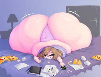 1girls 2024 ass ass_bigger_than_body ass_bigger_than_head ass_bigger_than_torso ass_body bbw bottom_heavy chips_(food) clothed clothed_female expansion fat fat_ass female gigantic_ass glasses green_iris grey_shirt huge_ass hyper hyper_ass hyper_bottom_heavy iceberg_body_shape imminent_expansion laying_down laying_on_bed laying_on_stomach madison_(cuda) massive_ass meat_wall_(body_type) movement_lines mysterydad nerd nerdy nerdy_female obese obese_female original_character overweight overweight_female panties solo solo_female timer wobble wobbling_ass