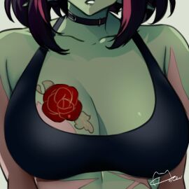 bloodscribe focus_on_chest green_skin meowyin scars sports_bra tattoo zombree