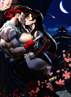 1boy 1girls 2d absurd_res areolae ass balcony bandana big_breasts blush breasts capcom castle cherry_blossoms closed_eyes couple crossover crossover_pairing cute_face dark_hair dojo exposed_breasts female final_fantasy final_fantasy_vii fit fit_male french_kiss hair_ornament hi_res hugging human human_only kissing light-skinned_female light-skinned_male light_skin long_hair lovers male male/female mashingvaquita moon moonlight muscular muscular_male night ponytail romantic_couple ryu_(street_fighter) shooting_star square_enix starry_sky street_fighter sweat thick_thighs tifa_lockhart voluptuous voluptuous_female waitress wholesome
