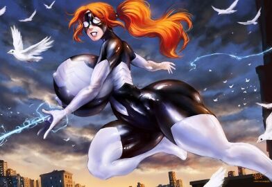 1girls american amrrr avengers big_breasts breasts breasts_bigger_than_head city cityscape female gigantic_breasts ginger light-skinned_female light_skin long_hair marvel marvel_cinematic_universe marvel_comics outside photo ponytail spider-woman superhero superhero_costume superheroine