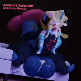 1:1 2023 3d absurd_res anthro balls big_penis bodily_fluids clothing cock_sleeve_(clothes) cock_warmer cum digital_media_(artwork) duo ejaculation elemental_creature english_text excessive_cum excessive_genital_fluids fizzy_(milkyeightysix) flora_fauna futanari generation_1_pokemon generation_3_pokemon genital_fluids genitals hi_res huge_balls intersex intersex/male jirachi legendary_pokemon leggings legwear male milky_(milkyeightysix) milkyeightysix nintendo open_mouth penis penis_clothing plant pokemon pokemon_(species) red_eyes simple_background size_difference slightly_chubby smile text thick_thighs vileplume