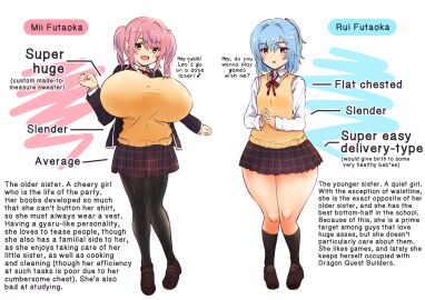 2girls :d :o ass ass_vs_breasts biography black_hair black_jacket bottom_heavy breasts breasts_bigger_than_head character_name character_sheet child_bearing_hips collared_shirt dialogue english_text female flat_chest gyaru huge_ass huge_breasts jacket leggings long_sleeves long_socks mii_futaoka necktie open_mouth open_smile original original_characters pink_hair plaid_skirt ponytail rui_futaoka short_hair shy sisters slender_body small_breasts sweater_vest teruwo_sun thick_thighs top_heavy twintails yellow_eyes yellow_sweater_vest