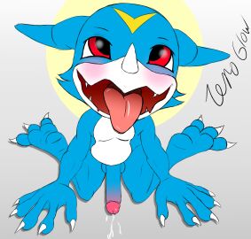 absurd_res ahe_gao anthro bandai_namco belly blue_body digimon digimon_(species) dragon ejaculation hands-free hi_res horn looking_pleasured male male/male mythological_creature mythological_scalie mythology paws red_eyes scalie sitting_on_knees solo tongue tongue_out veemon zeroglow