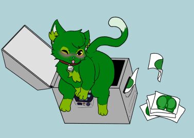 absurd_res anonymous_artist anthro ass backsack balls ballsack bell bell_collar big_ass big_butt blush collar digital_media_(artwork) domestic_cat felid feline felis fur genitals green_body green_fur hi_res male mammal photocopier photocopying_butt simple_background sitting solo tail
