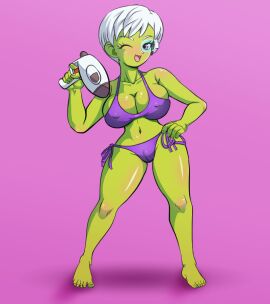 bigduck bikini cheelai curvy curvy_figure dragon_ball dragon_ball_super female green_body green_skin scouter short_hair tagme tinted_eyewear white_hair