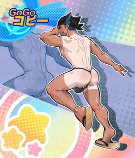 1boy 2023 ass back_view big_ass black_fundoshi blue_hair blush bulge butt_crack closed_eyes flip_flops fundoshi gay male male_only muscular nipples original shafu solo tagme takamaru_(pixiv9493120) tan_skin tanline yaoi