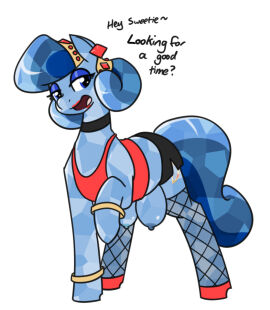 1girls 2017 blue_body blue_eyes blue_hair booty_shorts bracelets breasts choker crotch_breasts crotch_tits crotchboobs crystal_pony_(mlp) cutie_mark english_text female female_focus female_only fishnets heart_song lipstick medium_breasts midriff midriff_baring_shirt my_little_pony my_little_pony_friendship_is_magic prostitute prostitution solo solo_female solo_focus tail tank_top whatsapokemon white_background