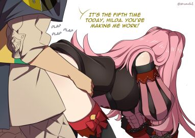 1boy 1girls all_fours ambiguous_penetration ass atramada1 bangs bare_thighs bent_over big_ass boots breasts claude_von_riegan detached_sleeves doggy_style dress english_text female female_focus fire_emblem fire_emblem:_three_houses gloves hand_on_another's_thigh hand_on_thigh hilda_valentine_goneril long_hair long_sleeves male marathon_sex medium_breasts nintendo pink_hair ponytail sex sex_from_behind solo_focus text thigh_boots thighs twintails white_background