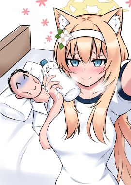 1boy absurdres animal_ear_fluff animal_ears bed blonde_hair blue_archive blue_eyes blush bottle breasts catstudioinc_(punepuni) closed_eyes closed_mouth cum doodle_sensei_(blue_archive) english_commentary facial female flower guy_tired_after_sex_(meme) hair_flower hair_ornament halo headband highres holding holding_bottle implied_sex large_breasts long_hair looking_at_viewer lying male mari_(blue_archive) meme on_back pillow sensei_(blue_archive) short_sleeves simple_background smile straight white_background white_flower