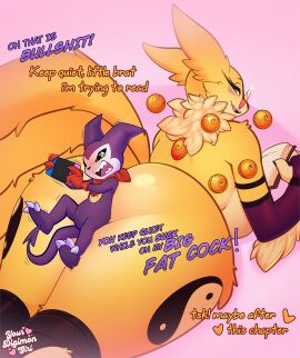 angry angry_face armwear ass bandai_namco big_ass big_breasts book breasts claws digimon digimon_(species) digital_media_(artwork) english_text glasses huge_ass impmon long_ears male multi_tail neck_fluff neck_fur patient reading_book red_cheeks rena_(yourdigimongirl) renamon seductive seductive_eyes seductive_look seductive_mouth seductive_smile small_male smaller_male tail tails text yourdigimongirl