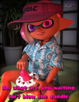 1boy 3d aloha_(splatoon) artist_name blender bloodbun cake food food_play inkling inkling_boy looking_at_viewer male male_only penis penis_in_food pink_hair splatoon splatoon_(manga) splatoon_(series) twitter_link twitter_username