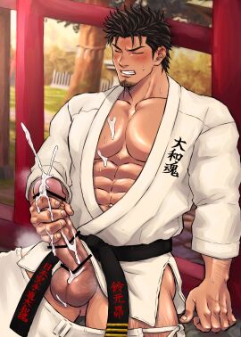 1boy abs arm_hair balls bara beard_stubble big_balls big_breasts big_penis black_belt blush breasts brown_hair censor_bar censored censored_penis chunchunmen closed_eyes clothed clothing cum cum_bubble cum_drip cum_on_balls cum_on_body cum_on_breasts cum_on_hand cum_on_penis cum_on_self cum_on_upper_body cum_string cumshot ejaculation gay gritted_teeth hairy_balls hi_res holding_penis jerking karate karate_gi leg_hair long_penis looking_at_penis male male_only masturbation muscles muscular muscular_legs muscular_male muscular_thighs orgasm original original_character outdoors pants_down pecs penis semen short_hair sitting six_pack solo steam steaming_body sweat sweatdrop text thick_cum thick_penis vein veiny_hands veiny_penis yaoi